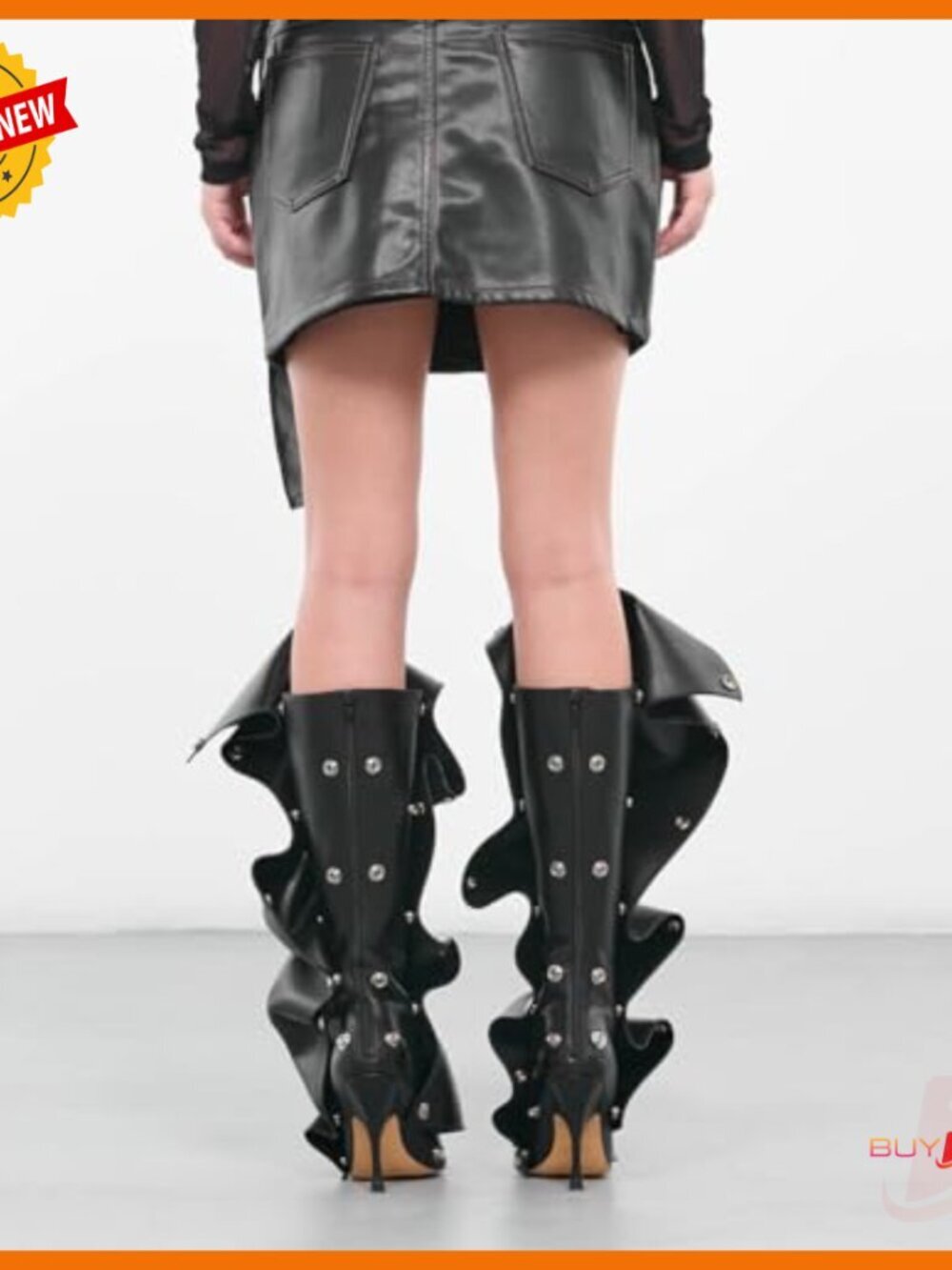 Knee High Stiletto Boots Wide Calf Pointed Toe Slouchy Detachable Panel - Picture 6 of 6